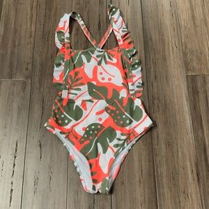 Aerie orange tropical print cheeky cut one piece swim suit size M